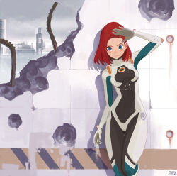 1girl arm_up blue_eyes bodysuit breasts building city destruction hand_up hong_soon-sang looking_at_viewer original rebar red_hair salute short_hair standing two-tone_bodysuit white_bodysuit