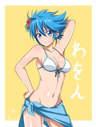 Rule 34 | 1girl, arm behind head, arm up, bikini, blush, breasts, cleavage, closed mouth, flower, hair flower, hair ornament, hand on own hip, highres, jabara tornado, looking at viewer, medium breasts, navel, nishijima waon, precure, sarong, short hair, smile, solo, spiked hair, suite precure, swimsuit, white bikini
