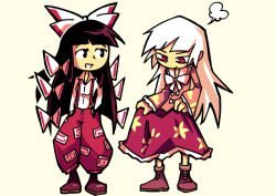 Rule 34 | 2girls, ankle boots, baggy pants, black hair, boots, bow, brown eyes, brown footwear, collared shirt, cosplay, costume switch, fujiwara no mokou, full body, hair bow, hime cut, holding clothes, holding skirt, houraisan kaguya, long hair, long sleeves, looking at another, looking down, multiple bows, multiple girls, pants, pink shirt, red eyes, red pants, red skirt, setz, shirt, simple background, skirt, standing, suspenders, touhou, white bow, white hair, white neckwear, white shirt, wide sleeves