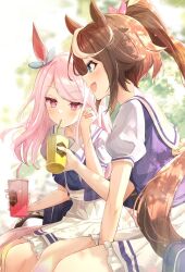 Rule 34 | 2girls, aqua bow, blue eyes, bow, closed mouth, commentary request, cup, disposable cup, drinking straw, drinking straw in mouth, ear bow, ear ornament, feeding, holding, holding cup, long hair, mejiro mcqueen (umamusume), multiple girls, open mouth, outdoors, petticoat, pleated skirt, ponytail, puffy short sleeves, puffy sleeves, purple bow, purple eyes, purple hair, purple shirt, sailor collar, school uniform, shirt, short sleeves, sitting, skirt, sky cappuccino, smile, tokai teio (umamusume), tracen school uniform, umamusume, white skirt