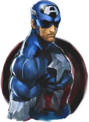 Rule 34 | 1boy, captain america, circle, jintetsu, looking at viewer, male focus, marvel, mask, muscular, shaded face, shield, simple background, solo, star (symbol), steve rogers, striped, upper body, white background