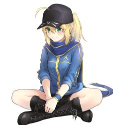 Rule 34 | 1girl, ahoge, artoria pendragon (fate), baseball cap, black footwear, black hat, black shorts, blonde hair, blue jacket, blue scarf, boots, cross-laced footwear, fate/grand order, fate (series), green eyes, hair through headwear, hat, highres, jacket, knee boots, lace-up boots, lotus position, mysterious heroine x (fate), revision, scarf, shorts, simple background, sitting, smile, solo, track jacket, tsurupy, white background
