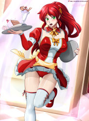 Rule 34 | 1girl, absurdres, artist name, breasts, circlet, cleavage, commentary, detached collar, green eyes, highres, holding, large breasts, long hair, long sleeves, looking at viewer, maid, maid headdress, open mouth, panties, patreon username, ponytail, pyrrha nikos, red hair, rwby, shrug (clothing), skirt, solo, standing, standing on one leg, teeth, thighhighs, tongue, tray, underwear, vilde loh hocen, watermark, web address