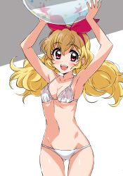 Rule 34 | 1girl, absurdres, aikatsu!, aikatsu! (series), arms up, ball, beachball, bikini, blonde hair, breasts, collarbone, cowboy shot, grey background, hairband, highres, hoshimiya ichigo, long hair, looking at viewer, navel, open mouth, red eyes, red hairband, small breasts, smile, solo, standing, swimsuit, teeth, tokiani, two-tone background, upper teeth only, white background, white bikini