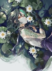 Rule 34 | 1boy, ahoge, aqua hair, arm tattoo, bare shoulders, bead necklace, beads, cape, commentary request, expressionless, eyelashes, eyeshadow, facial mark, flower, forehead mark, genshin impact, gloves, gold trim, green gloves, green hair, hand up, highres, jewelry, lily pad, looking at viewer, lotus, lying, makeup, male focus, multicolored hair, necklace, on side, pants, parted bangs, parted lips, purple cape, purple ribbon, red eyeshadow, ribbon, shallow water, shiraishi (siraisi00), shirt, short hair, short hair with long locks, sidelocks, sleeveless, sleeveless shirt, solo, tassel, tattoo, two-tone hair, water, white flower, white shirt, xiao (genshin impact), yellow eyes