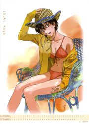 Rule 34 | 1girl, absurdres, august, bikini, bikini under clothes, breasts, brown eyes, brown hair, calendar, chair, character name, cleavage, copyright name, front-tie top, hand on headwear, hat, head tilt, highres, honda takeshi, ibuki maya, jacket, july, medium breasts, navel, neon genesis evangelion, o-ring, o-ring top, off shoulder, official art, open mouth, orange bikini, short hair, sitting, solo, straw hat, swimsuit, swimsuit under clothes, wicker furniture