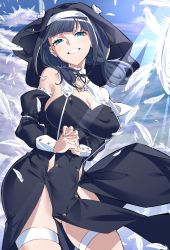 Rule 34 | 1girl, absurdres, amano nene (vtuber), azarashi (azrsot), blue eyes, blue hair, breasts, cleavage cutout, clothing cutout, cloud, cloudy sky, dark blue clothes, dark blue hair, feathers, habit, highres, hip focus, holding hands, large breasts, no panties, nun, production kawaii, sky, smile, sunlight, thigh strap, virtual youtuber, white stripes