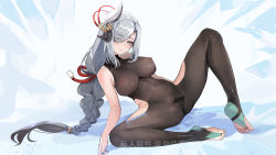 Rule 34 | 1girl, bar censor, blue nails, blush, bodysuit, braid, breasts, bridal legwear, censored, chinese commentary, closed mouth, commentary request, covered navel, feet, full body, genshin impact, grey hair, hair ornament, hair over one eye, hip vent, large breasts, long hair, looking at viewer, low-braided long hair, low-tied long hair, makeup, nail polish, nipples, pussy, see-through, shenhe (genshin impact), signature, simple background, solo, spread legs, toeless legwear, toenail polish, toenails, very long hair, watermark, wumumu