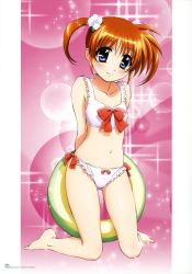 Rule 34 | 1girl, absurdres, bikini, bishie sparkle, blue eyes, blush, breasts, brown hair, closed mouth, collarbone, female focus, flower, full body, hair flower, hair ornament, highres, kneeling, looking at viewer, lyrical nanoha, mahou shoujo lyrical nanoha, mahou shoujo lyrical nanoha a&#039;s, official art, okuda yasuhiro, short hair, side-tie bikini bottom, simple background, small breasts, smile, solo, sparkle background, swimsuit, takamachi nanoha, twintails, white bikini