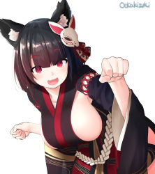 Rule 34 | 1girl, :d, animal ear fluff, animal ears, artist name, azur lane, black hair, black kimono, breasts, cat ears, cat mask, check commentary, commentary request, fang, highres, japanese clothes, kimono, large breasts, looking at viewer, mask, mask on head, oekakizuki, open mouth, red eyes, short hair, sideboob, simple background, smile, solo, white background, wide sleeves, yamashiro (azur lane)