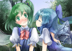 Rule 34 | 2girls, ascot, bare back, blowing, blue dress, blue hair, blush, bow, cirno, commentary request, daiyousei, dress, fairy wings, green eyes, green hair, hair bow, ice, ice wings, long hair, multiple girls, puffy short sleeves, puffy sleeves, shirt, short sleeves, side ponytail, touhou, wings, yohane, yuri