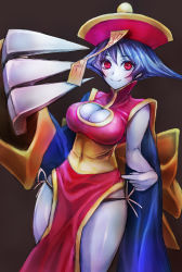 Rule 34 | 1girl, blue hair, blue skin, blush, blush stickers, breasts, capcom, chinese clothes, claws, cleavage, cleavage cutout, clothing cutout, colored skin, flipped hair, hat, highres, jiangshi, large breasts, lei lei, panties, qingdai guanmao, red eyes, short hair, side-tie panties, smile, solo, taishi (artist), taishi (picchiridou), underwear, vampire (game), zombie, zombie girl