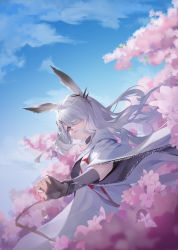 Rule 34 | 1girl, absurdres, animal ears, arknights, black gloves, black wristband, blue sky, chinese commentary, cloud, coat, commentary request, female focus, fingerless gloves, flower, from below, frostnova (arknights), gloves, grey eyes, hair ornament, hair over one eye, hairclip, highres, holding, holding petal, lips, long hair, looking at viewer, petals, pink flower, rabbit ears, sky, smile, solo, stevendraco, white coat, white hair