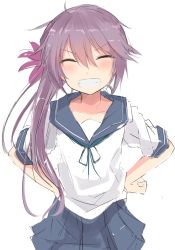 Rule 34 | 10s, 1girl, akebono (kancolle), blush, blush stickers, collarbone, commentary request, closed eyes, flower, grin, hair between eyes, hair flower, hair ornament, hands on own hips, kantai collection, long hair, miniskirt, nao (qqqbb), neck ribbon, purple hair, ribbon, school uniform, serafuku, side ponytail, sketch, skirt, smile, solo, teeth, twintails