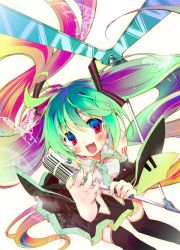 Rule 34 | 1girl, aqua hair, blush, bug, butterfly, colorful, detached sleeves, green nails, hatsune miku, bug, kamiya yuu, long hair, microphone, microphone stand, multicolored hair, nail polish, necktie, solo, thighhighs, twintails, very long hair, vocaloid