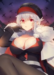Rule 34 | 1girl, aircraft, airplane, azur lane, black hat, bra, bra peek, breasts, buttons, cleavage, closed mouth, crossed bangs, frown, gloves, graf zeppelin (azur lane), grey gloves, grey pantyhose, hand up, hat, highres, large breasts, long hair, long sleeves, looking at viewer, maitei roppa, pantyhose, peaked cap, pink eyes, silver hair, sleeve cuffs, solo, underwear, white bra