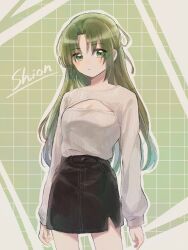 Rule 34 | 1girl, arms at sides, black skirt, breasts, cleavage cutout, clothing cutout, green background, green eyes, green hair, highres, higurashi no naku koro ni, holding, holding own hair, light blush, long hair, long sleeves, looking at viewer, medium breasts, morisata, patterned background, pencil skirt, ribbed sweater, skirt, solo, sonozaki shion, sweater, sweater tucked in, turtleneck, turtleneck sweater, upper body, white background, white sweater