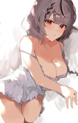 Rule 34 | 1girl, absurdres, bare shoulders, blush, braid, breasts, cleavage, collarbone, dress, frilled dress, frills, hair ornament, hairpin, highres, hololive, large breasts, lingerie, looking at viewer, open mouth, red eyes, sakamata chloe, shiny skin, short hair, silver hair, simple background, sketch, underwear, virgo76612871, virtual youtuber, white background, white dress