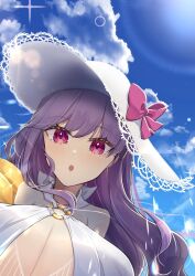 Rule 34 | 1girl, blue sky, bow, breasts, cleavage, cloud, fate/grand order, fate (series), hat, hat bow, highres, huge breasts, lens flare, long hair, o-ring, o-ring top, passionlip (fate), pink eyes, purple hair, sky, sun hat, to moyomoyo