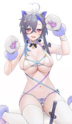 Rule 34 | 1girl, 504 gateway, absurdres, ahoge, animal collar, animal ears, animal hands, areola slip, asymmetrical bangs, azur lane, bell, bikini, blue hair, breasts, cat ears, cleavage, collar, colored inner hair, covered erect nipples, crossed bangs, foch (azur lane), gloves, grey hair, hair between eyes, hair over shoulder, hands up, heart, heart ahoge, highres, knife, large breasts, looking at viewer, micro bikini, multicolored hair, navel, neck bell, paw gloves, paw pose, ribbon, sidelocks, simple background, slit pupils, solo, swimsuit, thighhighs, white background, white thighhighs