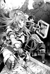Rule 34 | 1boy, 1girl, armor, arms up, boots, breastplate, cape, chain, closed mouth, dress, fighting, fingerless gloves, floating hair, gloves, greyscale, holding, holding shield, holding sword, holding weapon, iwatani naofumi, long hair, minami seira, monochrome, monster, neck ribbon, novel illustration, official art, open mouth, pants, raccoon girl, raphtalia, ribbon, shield, short dress, sweatdrop, sword, tate no yuusha no nariagari, thigh boots, thighhighs, very long hair, weapon, zettai ryouiki
