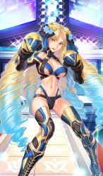 Rule 34 | 1girl, abs, astraea (fate), astraea (festival outfit) (fate), azuma toh, bikini, black ribbon, blonde hair, blue hair, blue ribbon, boots, boxing, boxing gloves, breasts, breasts apart, craft essence (fate), cross-laced footwear, drill hair, fate/grand order, fate (series), fighting stance, gradient hair, hair between eyes, hair ribbon, heroic spirit festival outfit, lace-up boots, large breasts, long hair, looking at viewer, luviagelita edelfelt, multicolored hair, navel, official art, quad drills, ribbon, solo, swimsuit, thigh boots, thighhighs, very long hair, yellow eyes