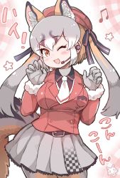 Rule 34 | 1girl, :3, animal ears, black shirt, blush, claw pose, collared shirt, commentary request, cowboy shot, fox ears, fox girl, fox tail, frilled skirt, frills, fur trim, gloves, grey gloves, grey hair, grey pantyhose, grey skirt, highres, island fox (kemono friends), jacket, kemono friends, kemono friends v project, light brown hair, long hair, long sleeves, looking at viewer, multicolored hair, necktie, official alternate costume, one eye closed, open mouth, orange eyes, orange jacket, orange pantyhose, pantyhose, pleated skirt, shirt, skirt, solo, tail, tanaka kusao, translation request, twintails, two-tone hair, two-tone legwear, virtual youtuber, white fur, white necktie