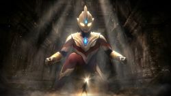 Rule 34 | 2boys, absurdres, alien, chinese commentary, clenched hands, giant, glowing, glowing eyes, highres, jueduihuoli, kneeling, light, looking down, manaka kengo, mixed-language commentary, multiple boys, silhouette, tokusatsu, ultra series, ultraman trigger, ultraman trigger (series), yellow eyes