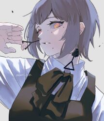 Rule 34 | 1girl, artist name, black dress, black ribbon, chainsaw man, collared shirt, dress, earrings, fami (chainsaw man), fourth east high school uniform, grey hair, highres, ice morinaka, jewelry, looking at viewer, mole, mole under eye, mole under mouth, multiple moles, neck ribbon, pinafore dress, pull cord, ribbon, ringed eyes, school uniform, shirt, short hair, simple background, sleeveless, sleeveless dress, solo, tassel, tassel earrings, upper body, white background, white shirt, yellow eyes
