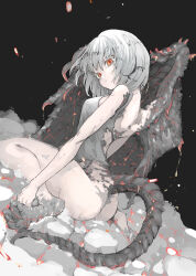 Rule 34 | 1girl, ass, bare back, black background, breasts, claws, dragon girl, dragon tail, embers, expressionless, highres, huyunokure, medium breasts, no pants, original, scales, short hair, sideways glance, single wing, slit pupils, solo, tail, torn clothes, white hair, wings