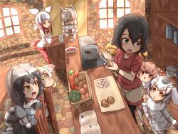 Rule 34 | 10s, 6+girls, :3, alpaca ears, alpaca suri (kemono friends), animal ears, bird tail, black eyes, black hair, black legwear, book, bowl, box, brown eyes, carrot, chair, chibi, chibi inset, coat, common raccoon (kemono friends), counter, cup, cutting board, elbow gloves, empty eyes, eurasian eagle owl (kemono friends), fang, fennec (kemono friends), food, fox ears, fur collar, fur trim, gloves, gradient hair, grey hair, hair over one eye, head wings, highres, japanese crested ibis (kemono friends), japari symbol, kaban (kemono friends), kemono friends, kitchen, knife, lucky beast (kemono friends), makano mucchi, meat, multicolored hair, multiple girls, northern white-faced owl (kemono friends), onion, open mouth, pantyhose, pantyhose under shorts, peeling, pot, potato, pumpkin, raccoon ears, raccoon tail, recipe (object), red hair, red legwear, serval (kemono friends), serval tail, shelf, shoes, short hair, shorts, spoilers, standing, stone floor, stone wall, stove, striped tail, table, tail, teacup, tongue, triangle mouth, wall, white hair, window, windowsill, wings, wooden table, yellow eyes