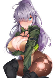Rule 34 | 1girl, absurdres, ahoge, black choker, black footwear, black gloves, blush, boots, breasts, brown thighhighs, chest strap, choker, cleavage, covered erect nipples, deogho (liujinzy9854), gloves, gnome (last origin), green jacket, hand on own arm, high ponytail, highleg, highleg leotard, highres, jacket, large breasts, last origin, leotard, long hair, looking at viewer, open clothes, open jacket, orange leotard, pantyhose, ponytail, purple hair, silver hair, simple background, smile, solo, thick thighs, thigh boots, thighhighs, thighs, torn clothes, torn legwear, very long hair, white background