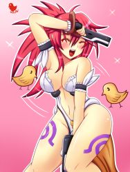 Rule 34 | 1girl, 85g, arm up, bare shoulders, between thighs, blush, breasts, cleavage, dual wielding, closed eyes, fingerless gloves, gameplay mechanics, gloves, gun, himeki luna, holding, large breasts, navel, open mouth, pelvic curtain, red hair, solo, tattoo, thighs, vanguard princess, weapon