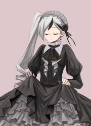 Rule 34 | 1boy, ascot, black ascot, black dress, closed eyes, closed mouth, crossdressing, dress, gothic lolita, hairband, highres, juliet sleeves, library of ruina, lolita fashion, lolita hairband, long hair, long sleeves, male focus, moribe denkou, multicolored hair, pink background, project moon, puffy sleeves, side ponytail, simple background, solo, streaked hair, very long hair, white hair, yan vismok