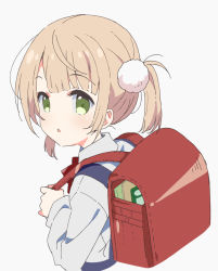 Rule 34 | 1girl, aged down, backpack, bag, blush, brown hair, child, collared shirt, cropped torso, green eyes, grey background, grey shirt, hair ornament, indie virtual youtuber, long sleeves, looking at viewer, looking back, meito (maze), parted lips, randoseru, shigure ui (channel), shigure ui (vtuber), shigure ui (vtuber) (young), shirt, solo, suspenders, twintails, upper body, virtual youtuber