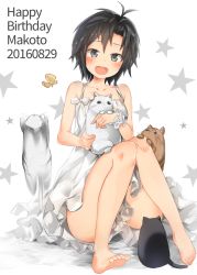 Rule 34 | 1girl, 2016, :d, animal, antenna hair, bare legs, barefoot, black eyes, black hair, blush, breasts, bug, butterfly, cat, character name, collarbone, dated, dress, feet, full body, happy birthday, head tilt, idolmaster, idolmaster (classic), insect, kikuchi makoto, laki, legs, looking at viewer, open mouth, short hair, sitting, sky, small breasts, smile, solo, star (symbol), sundress, white background, white dress