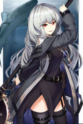 Rule 34 | 1girl, :d, absurdres, animal, arknights, arm up, belt, belt buckle, belt pouch, black dress, black eyes, black thighhighs, buckle, chainsaw, circular saw, cowboy shot, dress, garter straps, glint, grey hair, highres, holding, holding weapon, jewelry, long hair, long sleeves, necklace, no headwear, open mouth, pelvic curtain, penguin4, pouch, red eyes, saw, shark, smile, solo, specter (arknights), thighhighs, v-shaped eyebrows, very long hair, weapon