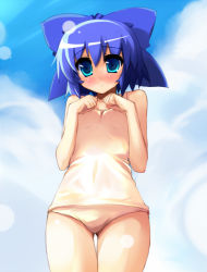 Rule 34 | 1girl, blue eyes, blue hair, blush, cirno, day, female focus, gradient background, matching hair/eyes, one-piece swimsuit, outdoors, ribbon, shin (new), short hair, sky, solo, swimsuit, touhou
