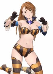 Rule 34 | 1girl, beatrix (granblue fantasy), breasts, brown hair, cleavage, closed mouth, commentary request, gloves, granblue fantasy, halloween, krs (karasu), large breasts, long hair, looking at viewer, medium breasts, navel, simple background, solo, striped clothes, striped thighhighs, thighhighs, trick or treat, white background