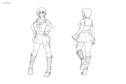 Rule 34 | 1girl, ass, bare legs, boots, breasts, character sheet, curvy, female focus, full body, kagami hirotaka, knife, koutetsu no majo anneroze, large breasts, lilith-soft, looking at viewer, monochrome, multiple views, official art, otonashi miki, school uniform, short hair, short twintails, skirt, smile, standing, translation request, twintails, weapon, white background
