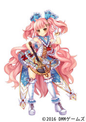 Rule 34 | 1girl, adjusting hair, bow, bow (weapon), brown eyes, crossbow, dmm, frilled skirt, frills, full body, girls symphony, gloves, hair ornament, hairclip, instrument, long hair, matatabi maru, nelly vieuxtemps (girls symphony), official art, pink hair, red bow, school uniform, serafuku, skirt, smile, standing, very long hair, violin, weapon, weaponized instrument, white footwear, white gloves, white legwear