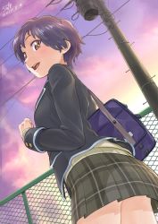 Rule 34 | 1girl, artist name, bag, black hair, black jacket, blush, clenched hand, cloud, commentary, dated, evening, jacket, long sleeves, looking at viewer, miniskirt, open mouth, original, pleated skirt, power lines, school bag, short hair, skirt, sky, smile, solo, sweater, transformer, tyuga, utility pole, yellow eyes
