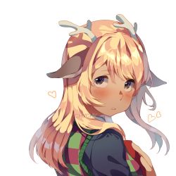 Rule 34 | 1girl, antlers, blonde hair, blush, deltarune, hair ornament, hairclip, hands on own chest, heart, highres, horns, janineuy09, long hair, long sleeves, looking at viewer, noelle holiday, reindeer, solo, white background, yellow eyes