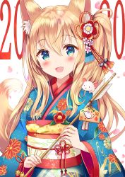 Rule 34 | 1girl, 2020, :d, animal, animal ear fluff, animal ears, animal on shoulder, arrow (projectile), bell, blue eyes, blue kimono, blush, brown hair, chinese zodiac, commentary request, ema, fang, floral print, hair between eyes, hamaya, highres, holding, holding arrow, japanese clothes, jingle bell, kimono, long hair, long sleeves, looking at viewer, mouse (animal), obi, open mouth, original, print kimono, sakura ani, sash, smile, solo, tail, tail raised, very long hair, wide sleeves, year of the rat