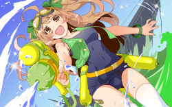 Rule 34 | 1girl, ahoge, bandaid, bandaid on leg, belt, boat, bracelet, brown eyes, brown hair, cloud, day, firing at viewer, foreshortening, goggles, goggles on head, highres, jacket, jacket over swimsuit, jewelry, looking at viewer, open mouth, school swimsuit, ship, sky, sleeveless, sleeveless jacket, solo, strap slip, swimsuit, teeth, thighhighs, twintails, watanabe akio, water, water gun, watercraft
