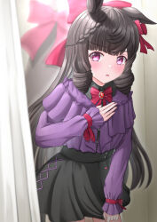 Rule 34 | 1girl, absurdres, alternate costume, animal ears, black hair, blurry, blurry background, blush, bow, commentary request, daiichi ruby (umamusume), door, drill hair, gamel 120, hair between eyes, hair bow, hair ornament, hand on own chest, highres, horse ears, horse girl, horse tail, long hair, looking at viewer, mirror, open mouth, purple eyes, ribbon, simple background, solo, tail, umamusume