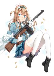 Rule 34 | 1girl, bad id, bad pixiv id, black footwear, blonde hair, blue eyes, blush, boots, bullet, closed mouth, diten, full body, girls&#039; frontline, gloves, gun, hair ornament, hairband, holding, holding gun, holding weapon, long hair, long sleeves, looking at viewer, military, military uniform, one side up, pleated skirt, shell casing, simple background, skirt, snowflake hair ornament, solo, striped clothes, striped skirt, submachine gun, suomi (girls&#039; frontline), suomi kp/-31, thighhighs, thighs, uniform, vertical-striped clothes, vertical-striped skirt, weapon, white background, white gloves, white thighhighs
