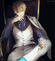 Rule 34 | 1boy, ahoge, alternate costume, arthur pendragon (fate), blonde hair, blue necktie, chair, covering own mouth, fate/grand order, fate (series), flower, green eyes, hair between eyes, hand over own mouth, holding, holding flower, jacket, jacket on shoulders, leg up, looking at viewer, male focus, necktie, pants, pvc parfait, sitting, solo, vest, white flower, white pants