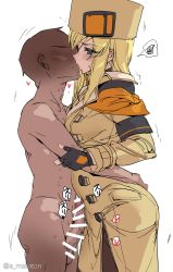 Rule 34 | 1boy, 1girl, ashiomi masato, bald, blonde hair, clothed female nude male, grinding, guilty gear, highres, kiss, millia rage, nude, unfinished