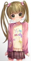 Rule 34 | angry, blonde hair, blush, brown skirt, cardigan, checkered clothes, checkered skirt, child, clenched hands, commentary request, crying, frills, ggyoku, green eyes, hair ornament, highres, idolmaster, idolmaster cinderella girls, long hair, long sleeves, pink cardigan, print shirt, shirt, signature, skirt, star (symbol), star hair ornament, tears, twintails, yellow shirt, yokoyama chika